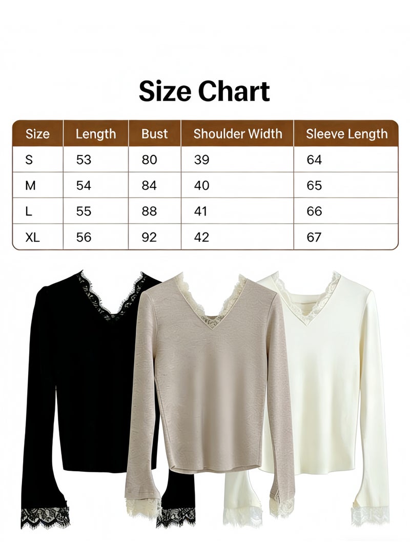 Sellcy women's Elegant Lace Trim Long Sleeve Knit Top Soft Slim Fit Daily Blouse,black color - Image 4